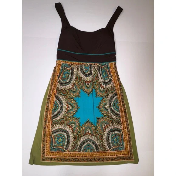 Saint Tropez West Women's Boho Paisley Print Dress Brown Teal Green Size 10 - Picture 2 of 7